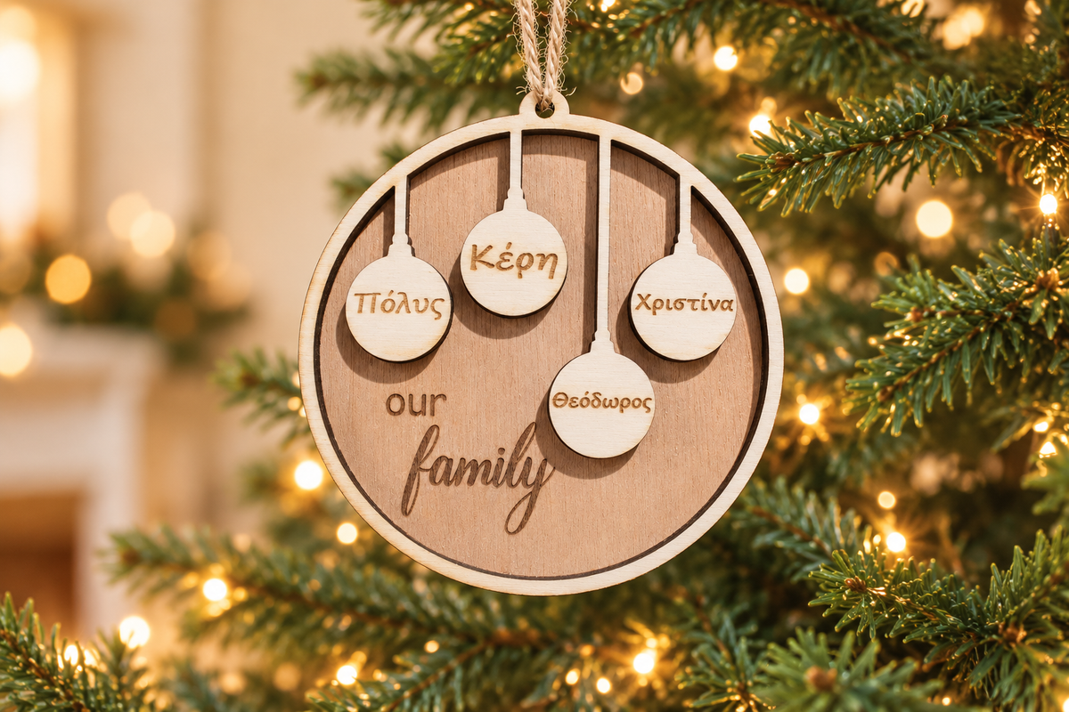 Custom Wooden Christmas Ornaments (Our family) in a warm Christmas setting