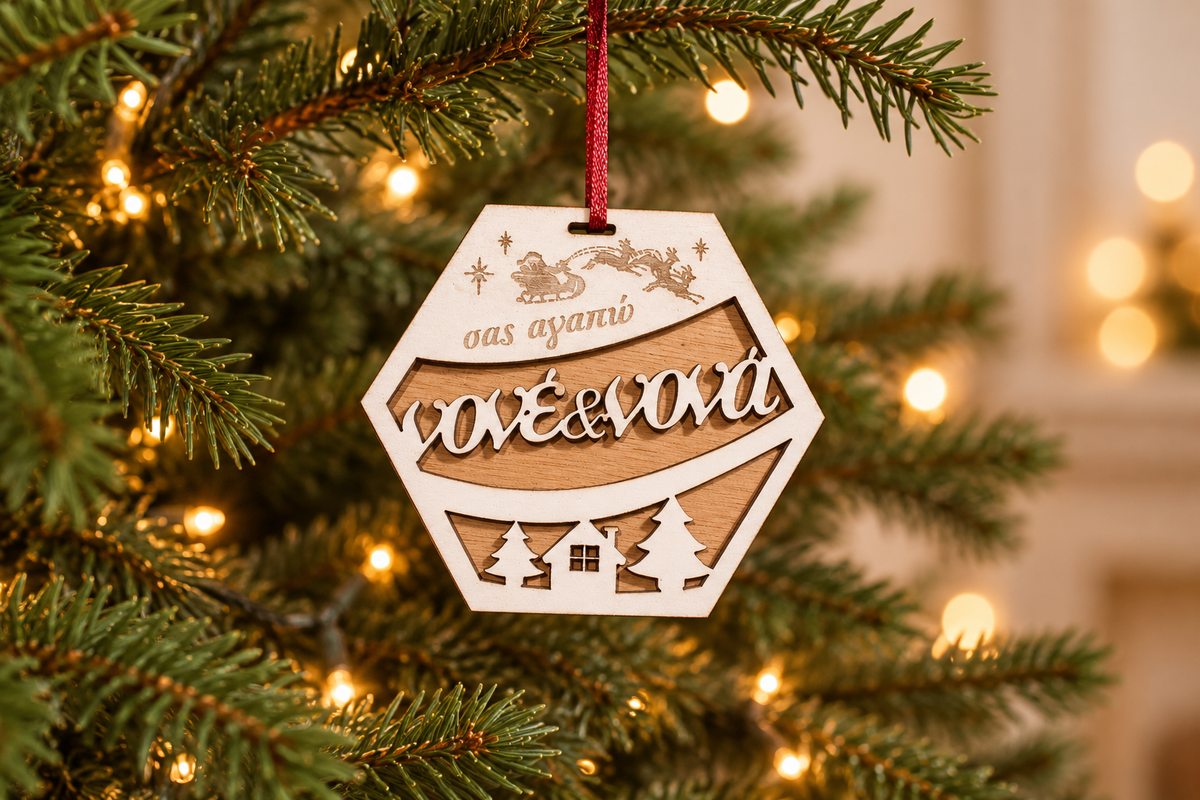 Wooden Christmas Ornaments Godfather&Mother in a warm Christmas setting