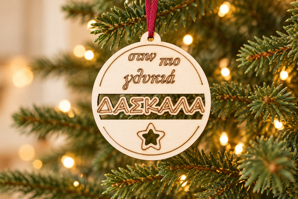 Wooden Christmas Ornaments (Teacher) in a warm Christmas setting