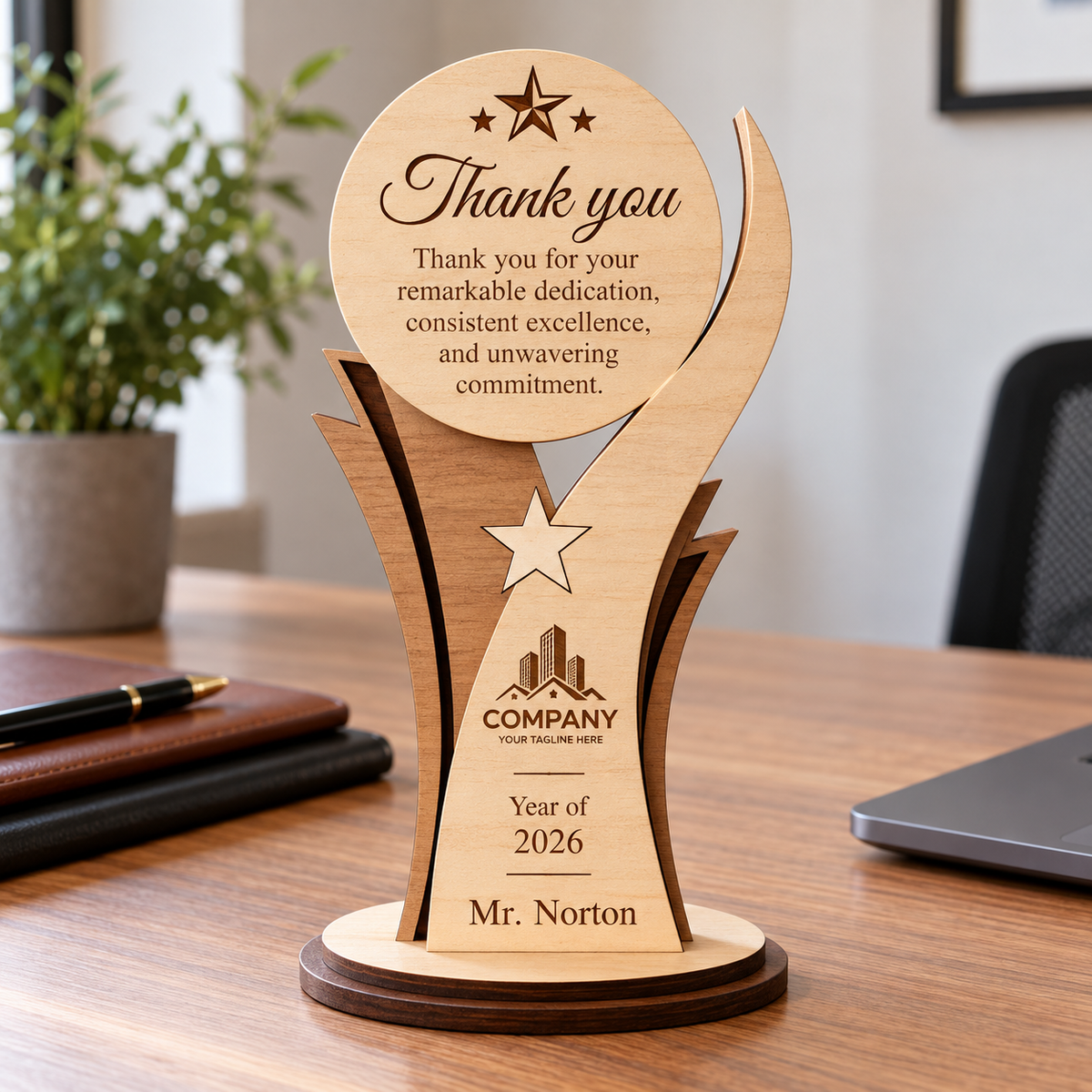 Personalised engraved wooden employee recognition award with company logo, corporate gift by Wooderland Cyprus