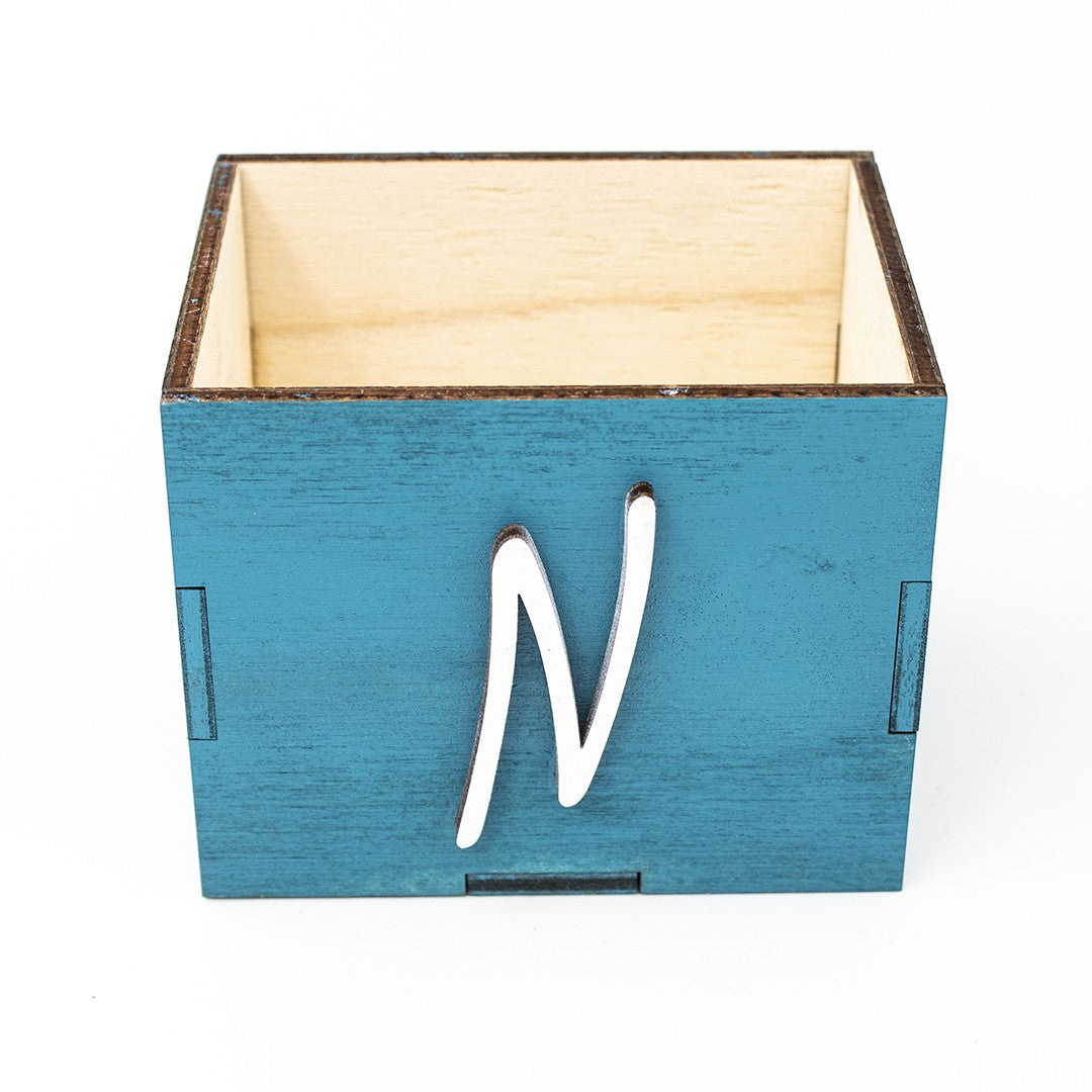 Wooderland personalized wooden keepsake memory box with initial, open view showing storage inside