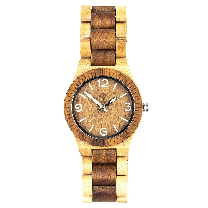 Wooderland Galileo wooden watch with brushed silver buckle and natural wood link strap, side view