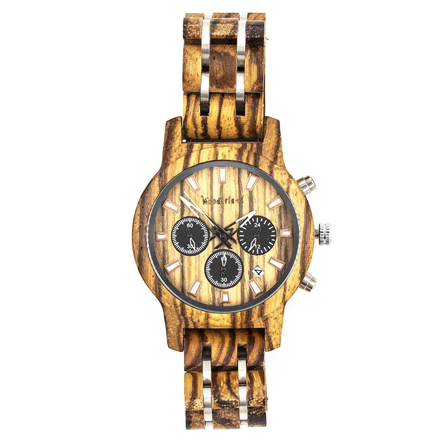 Wooderland Krypton wooden watch, close-up of wood grain and brushed silver buckle