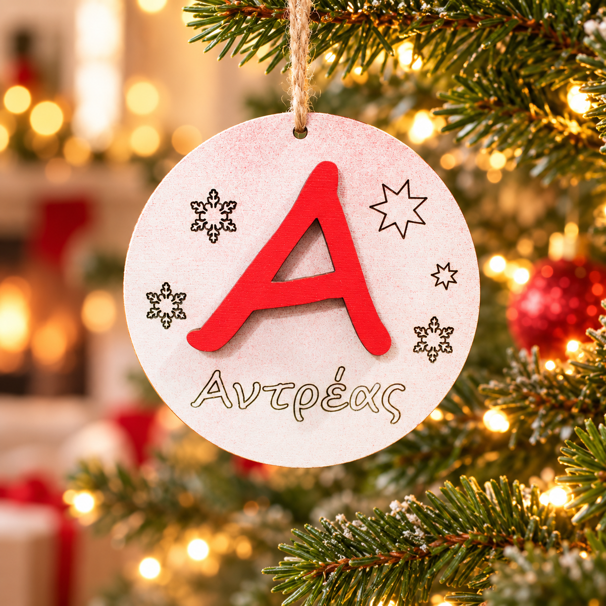 Christmas Ornament Custom Letter in a warm Christmas setting