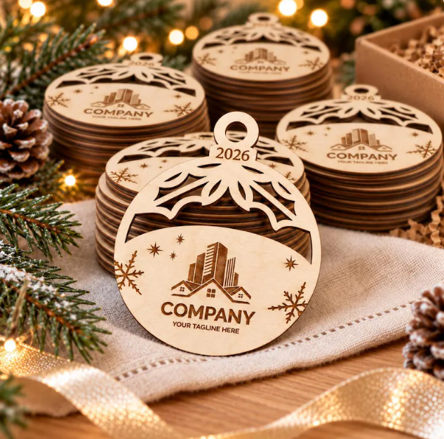 Custom corporate logo wooden Christmas ornaments for company gifts