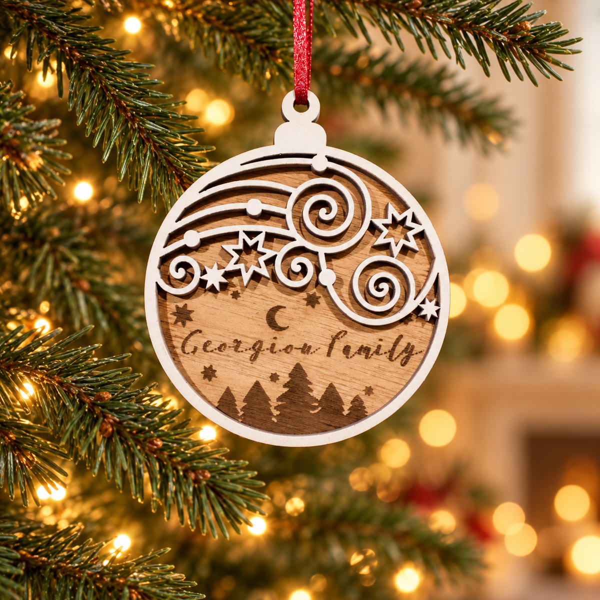 Custom Christmas Ornament in a warm Christmas setting