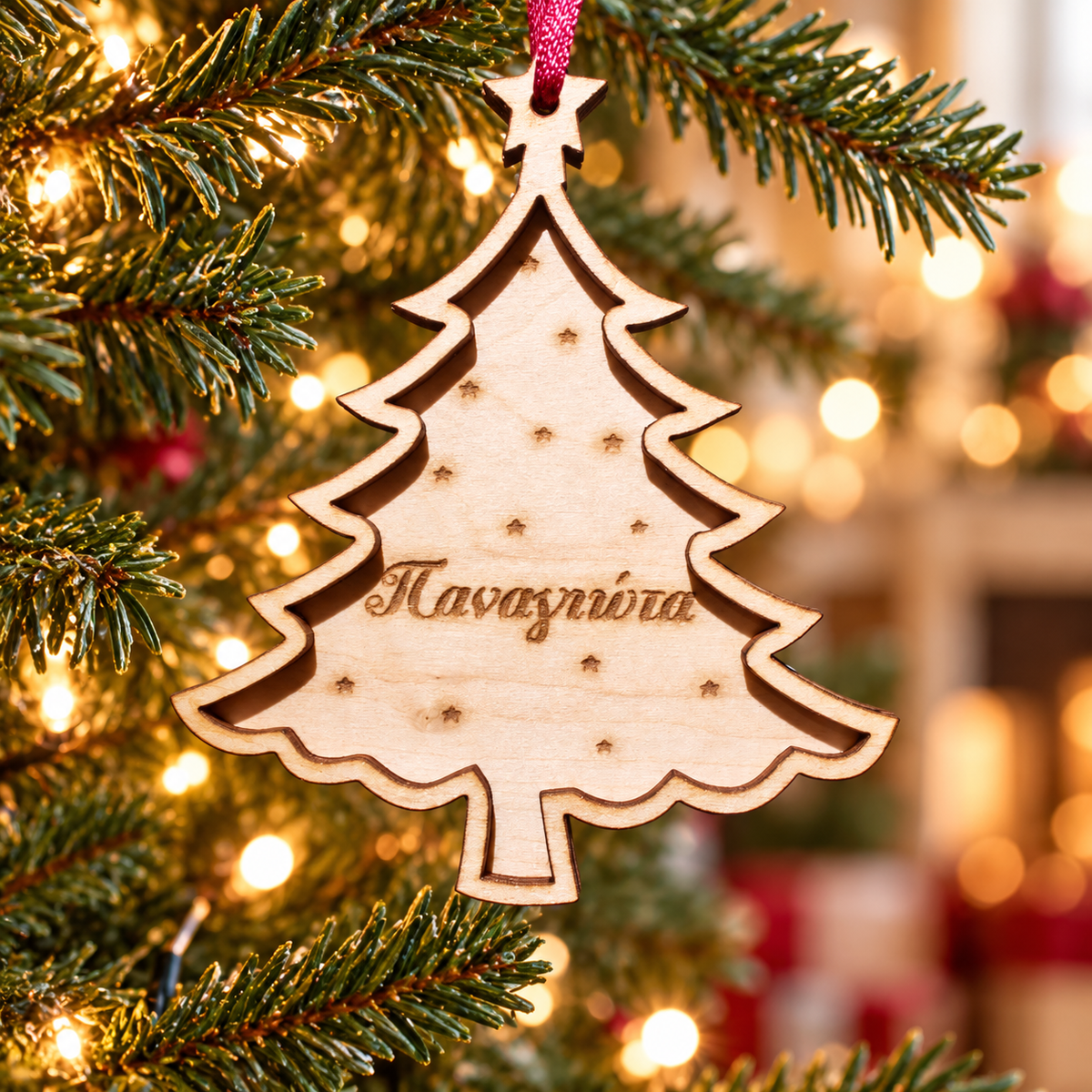 Custom name Christmas Ornaments in a warm Christmas setting