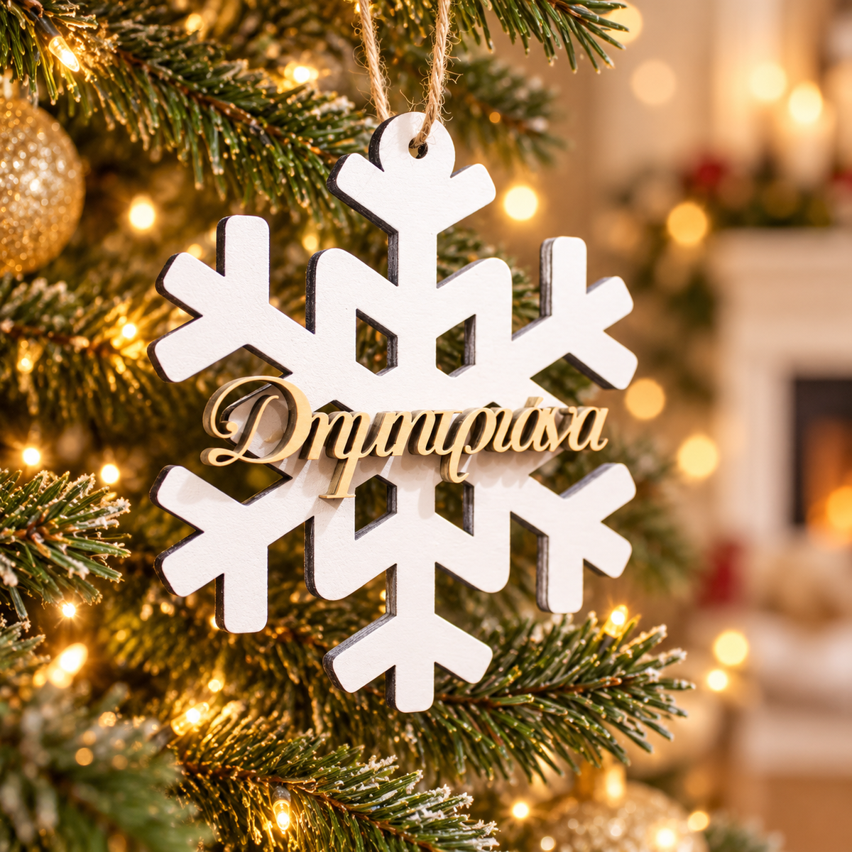 Custom name Christmas Tree Ornament in a warm Christmas setting