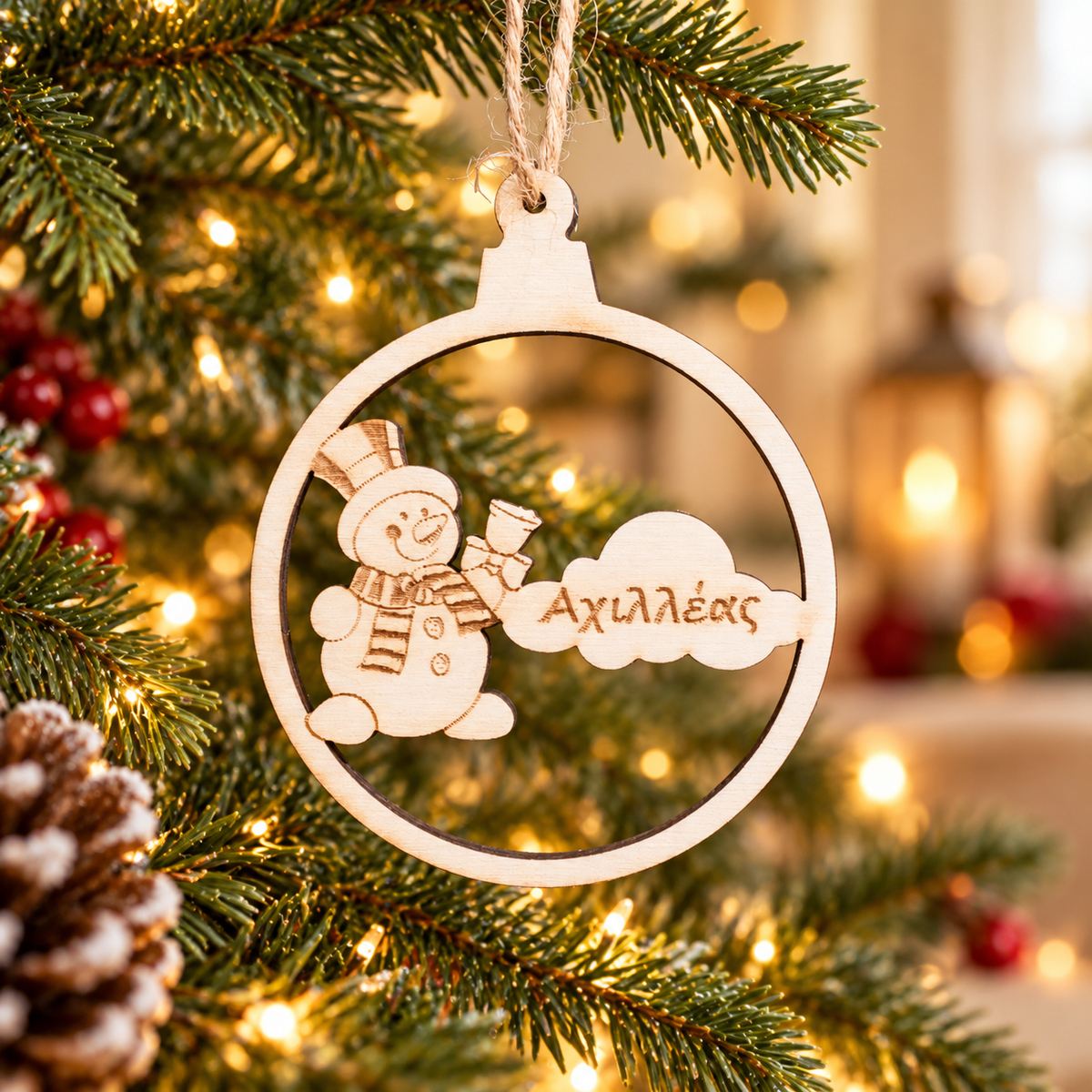Custom Wooden Christmas Ornament for Kids in a warm Christmas setting