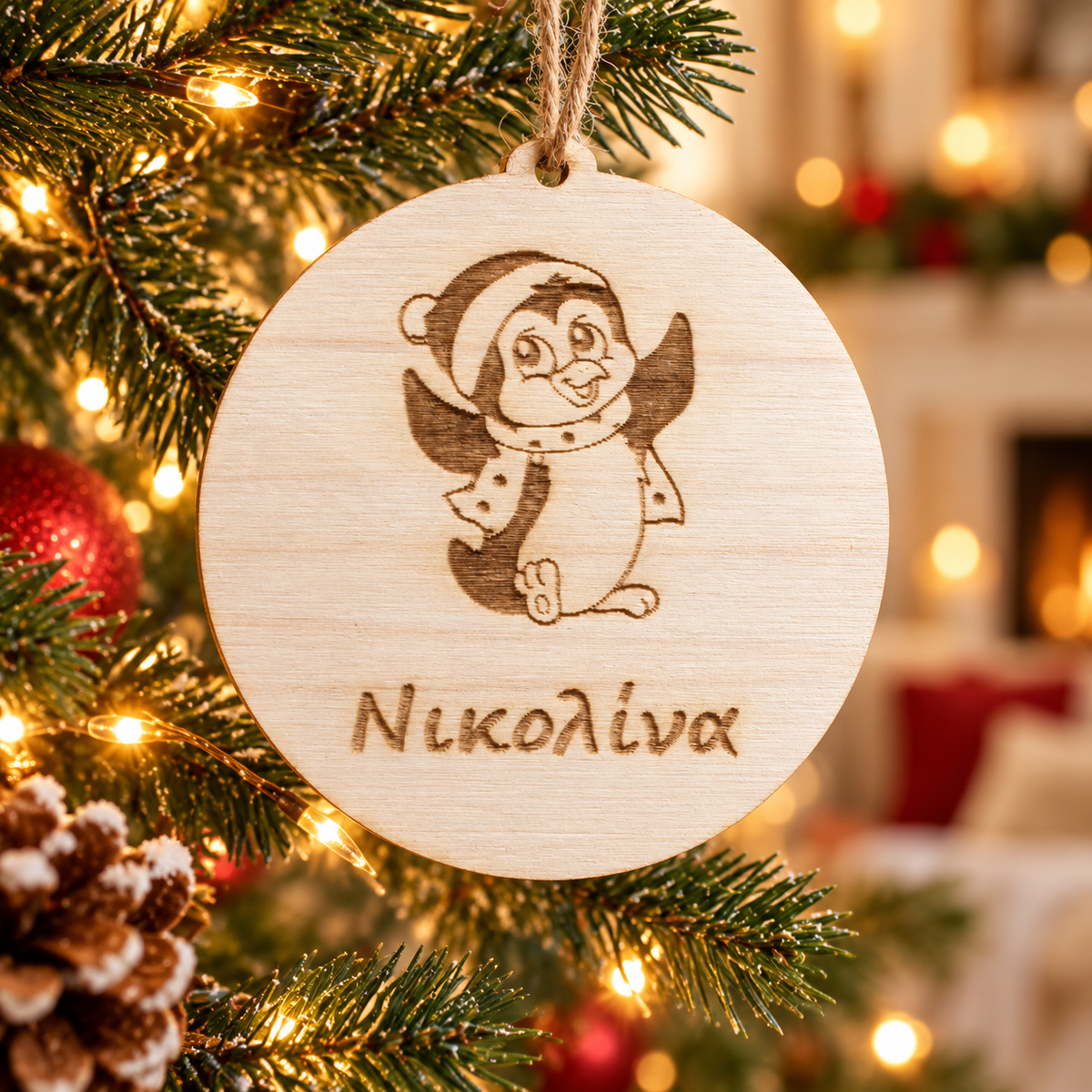 Custom Wooden Christmas Ornament for Kids in a warm Christmas setting