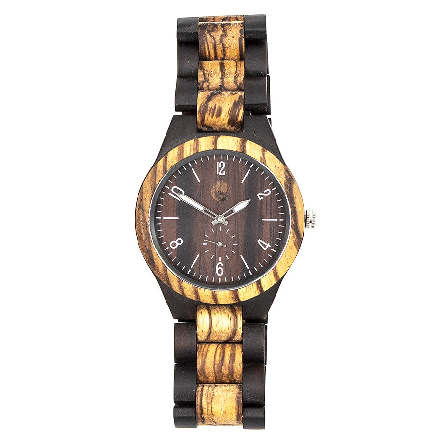 Wooderland Cerberus wooden watch, close-up of wood grain and dial detail
