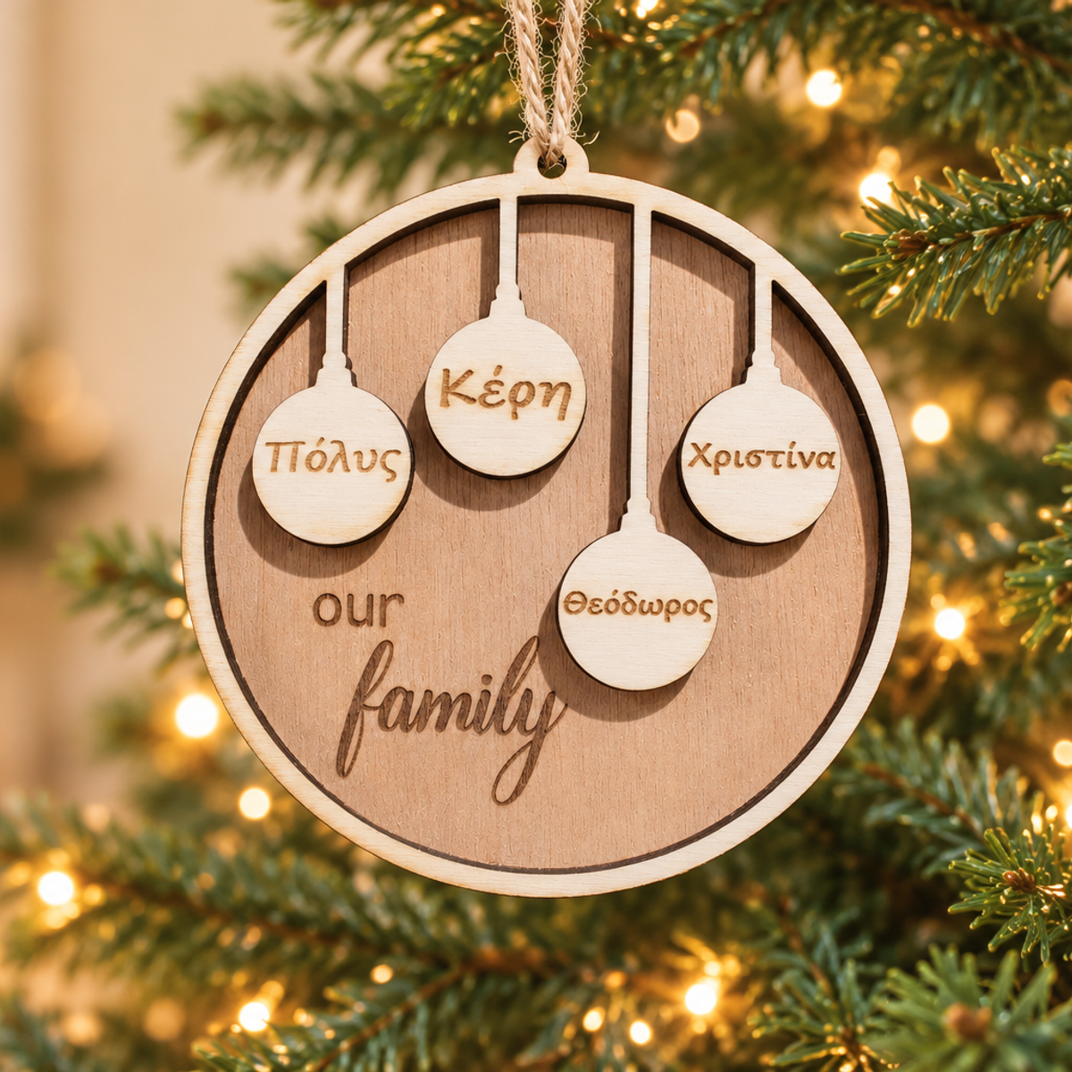 Personalised Our Family layered wooden Christmas ornament in a festive setting