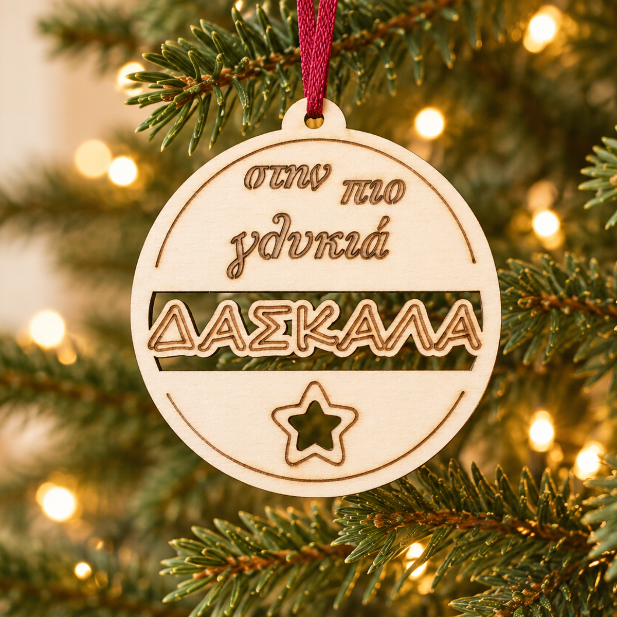 Teacher wooden Christmas ornament in a festive setting