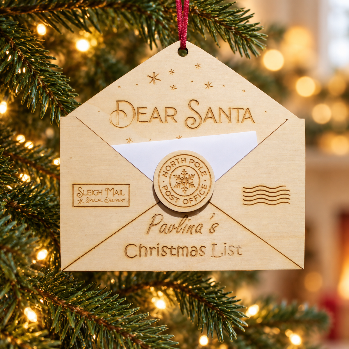 Wooden Christmas Letter to Santa in a warm Christmas setting