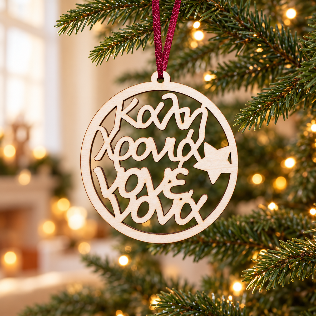 Wooden Christmas Ornament (Best Godparents) in a warm Christmas setting