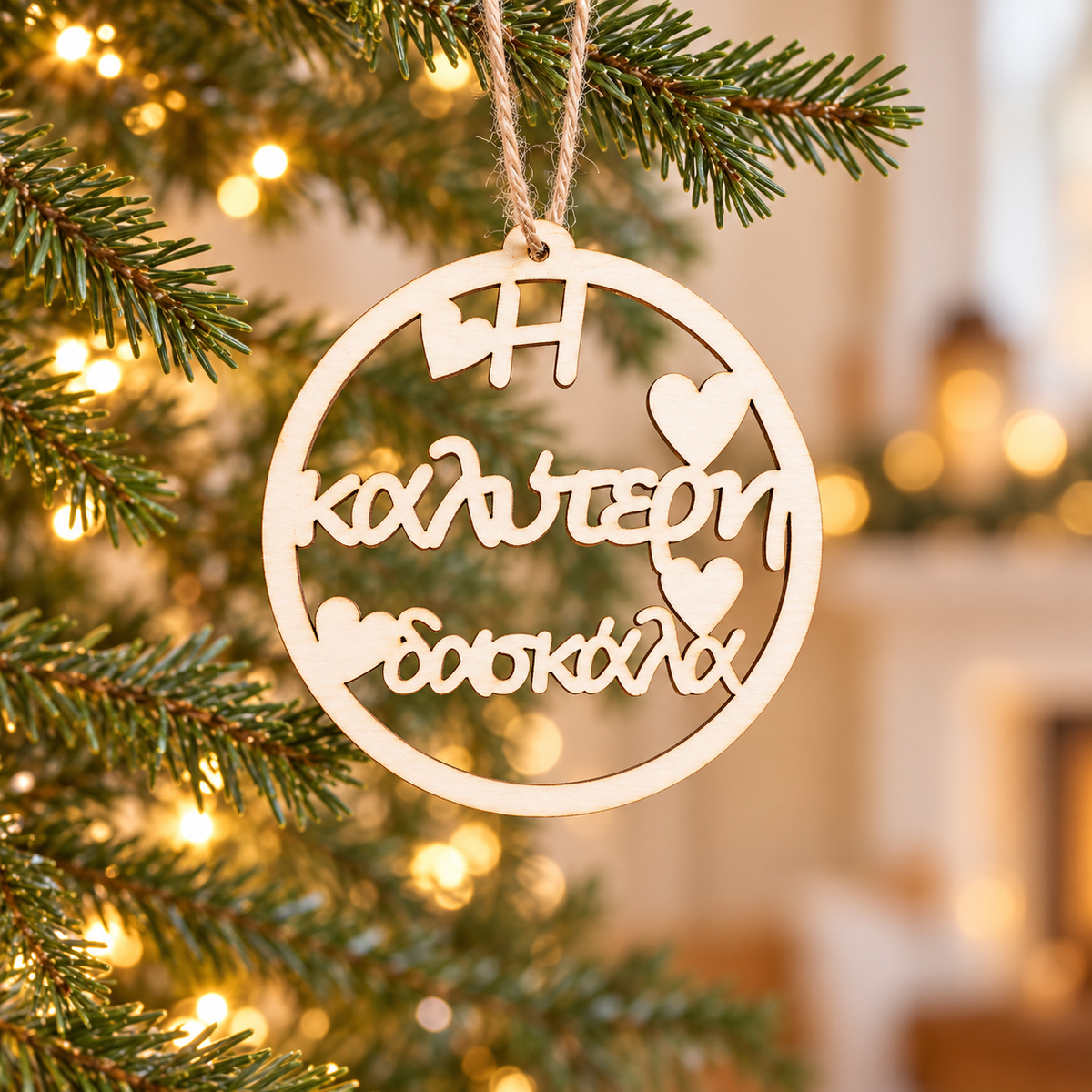 Wooden Christmas Ornament (Best Teacher) in a warm Christmas setting