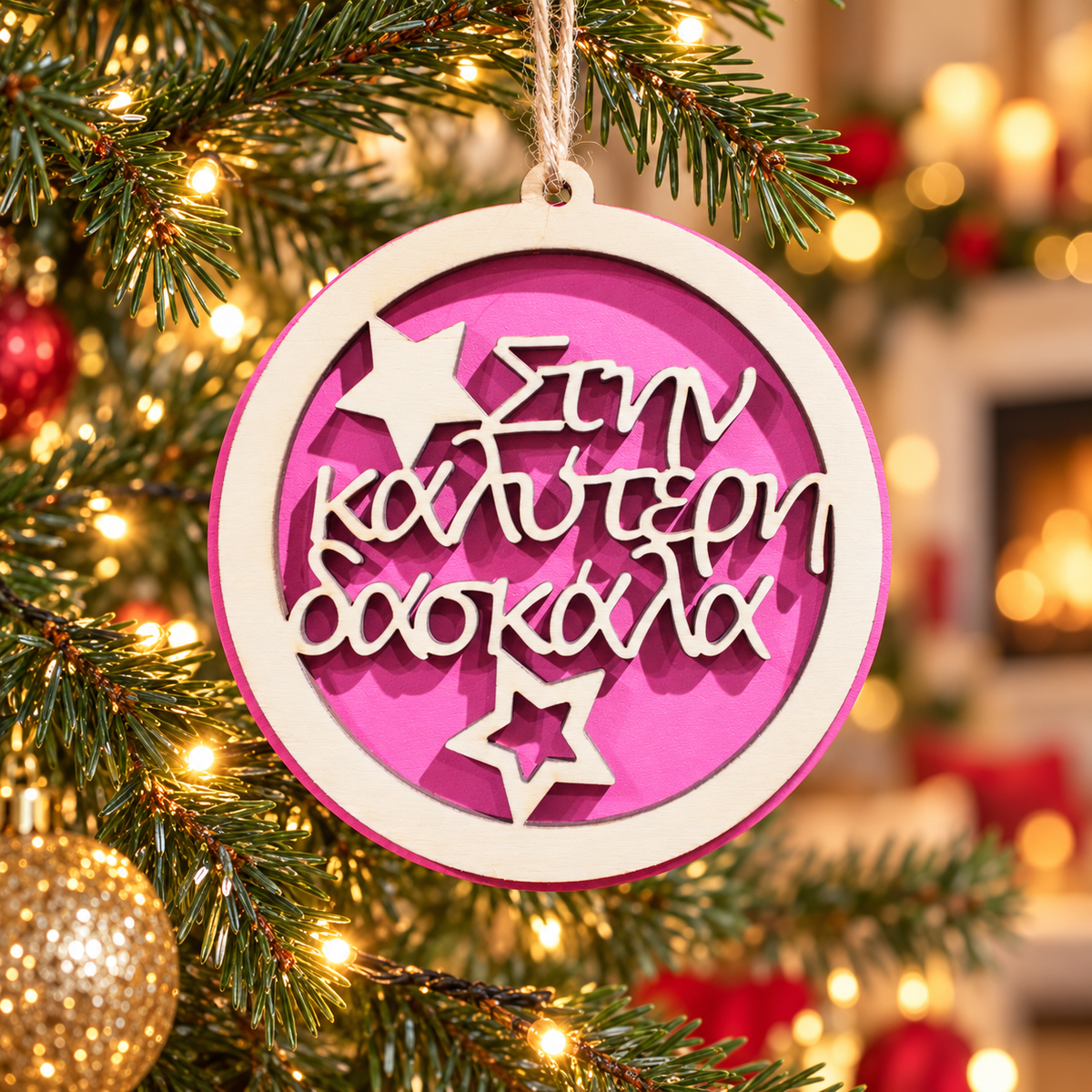 Wooden Christmas Ornament (Best Teacher) in a warm Christmas setting