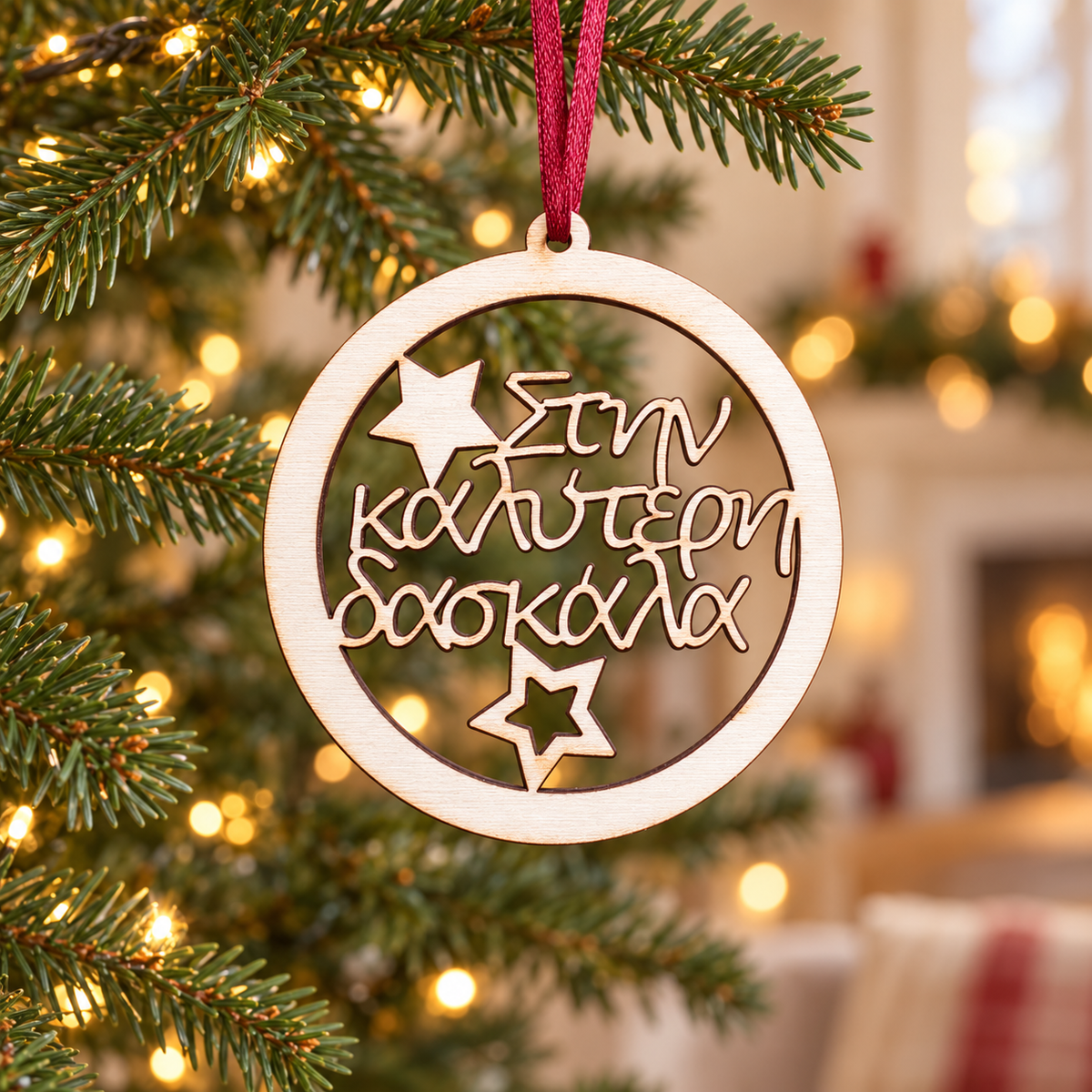 Wooden Christmas Ornament (Best Teacher) in a warm Christmas setting