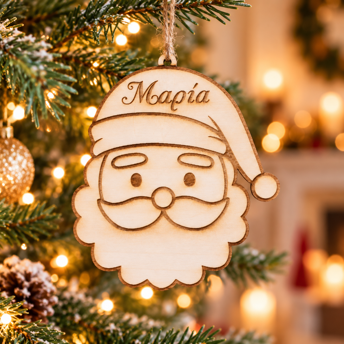 Wooden Christmas Ornament Custom name in a warm Christmas setting