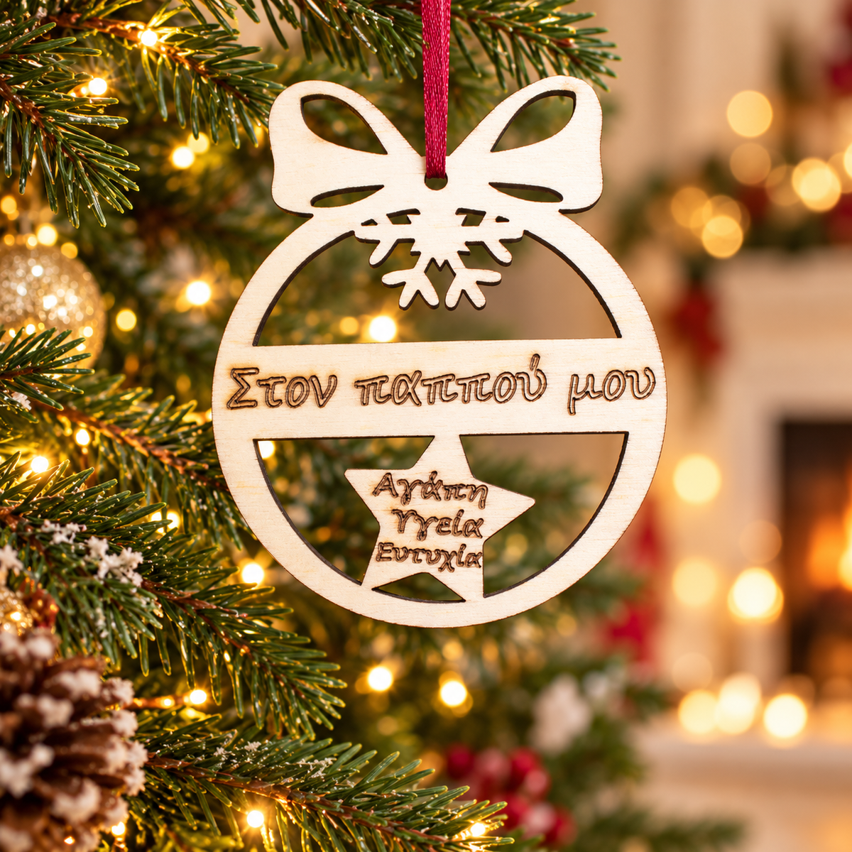 Wooden Christmas Ornament Grandfather in a warm Christmas setting