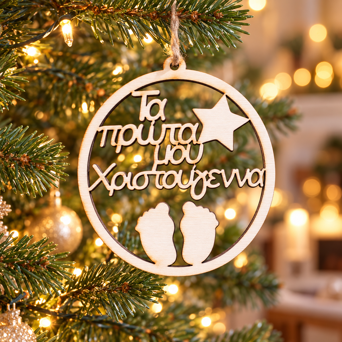 Wooden Christmas Ornaments (My First Christmas) in a warm Christmas setting
