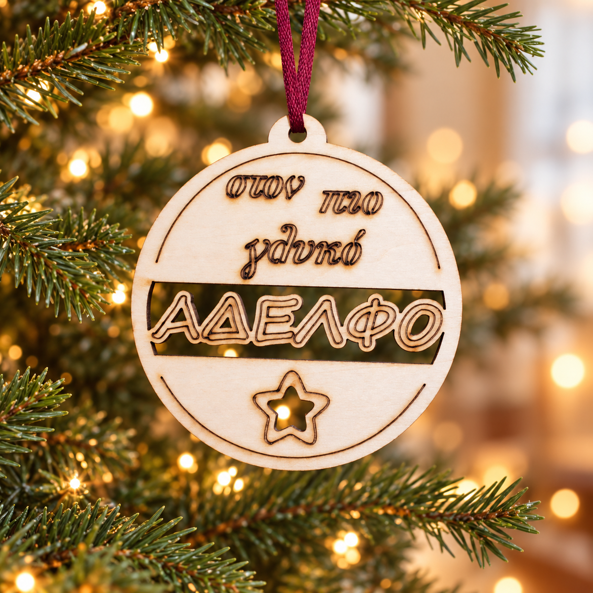 Wooden Christmas Ornaments (Brother) in a warm Christmas setting
