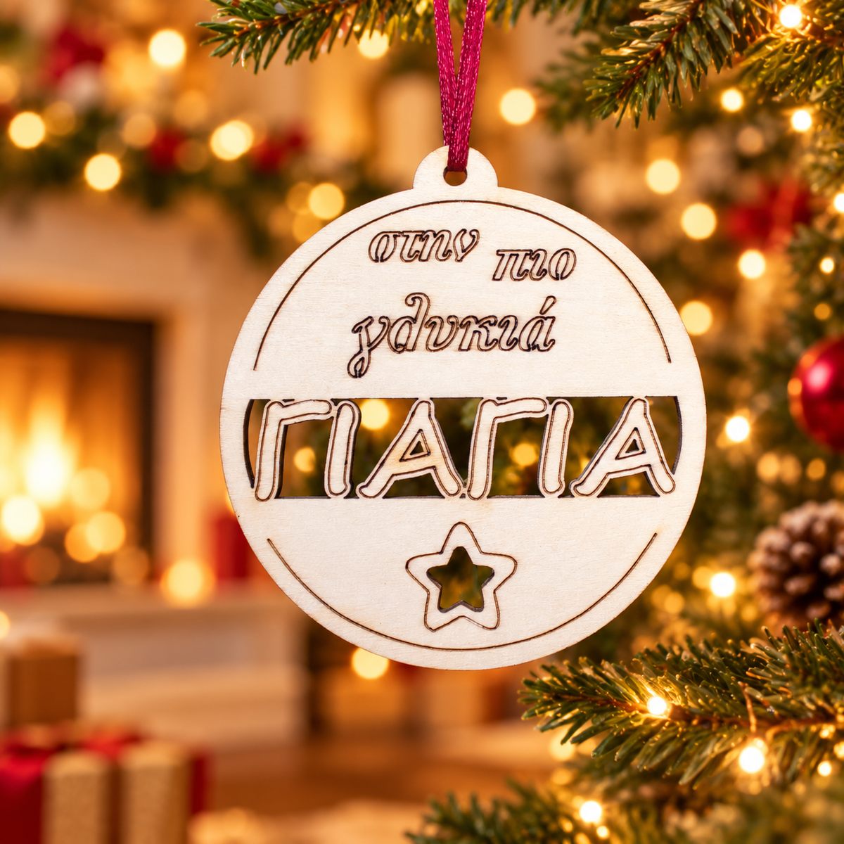 Wooden Christmas Ornaments (Grandma) in a warm Christmas setting