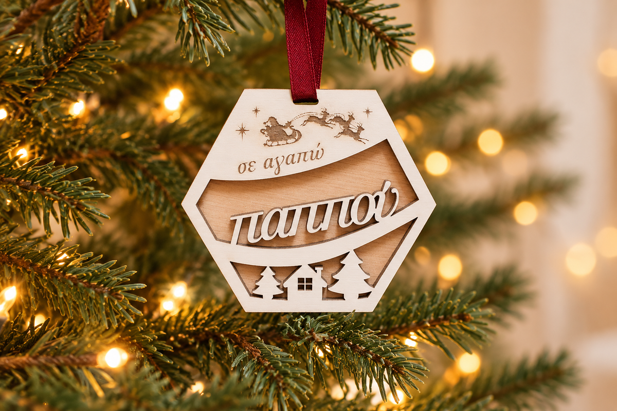 Wooden Christmas Ornaments (Grandpa) in a warm Christmas setting