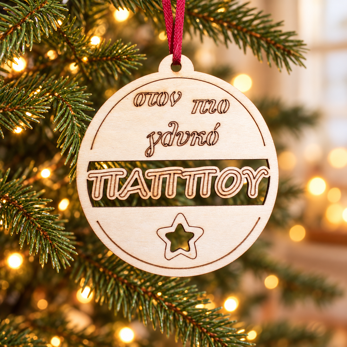 Wooden Christmas Ornaments (Grandpa) in a warm Christmas setting