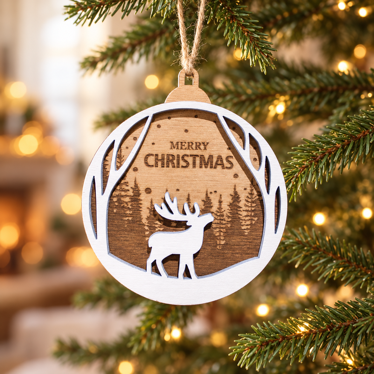 Wooden Christmas Ornaments (Merry Christmas) in a warm Christmas setting