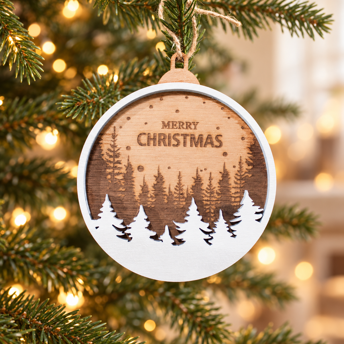 Wooden Christmas Ornaments (Merry Christmas) in a warm Christmas setting