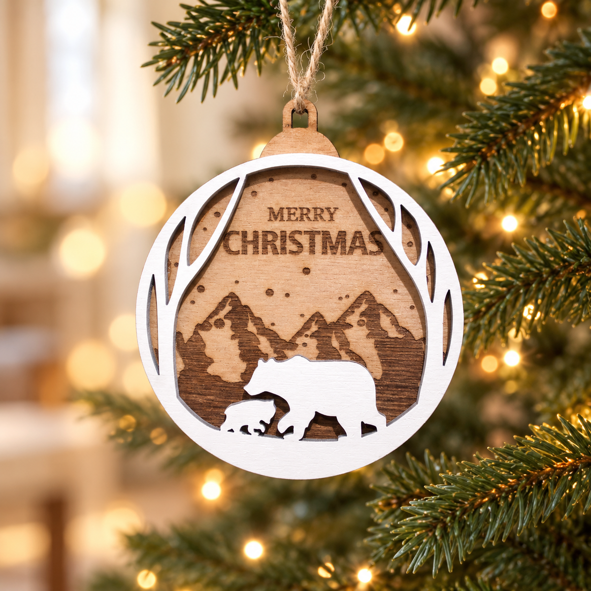 Wooden Christmas Ornaments (Merry Christmas) in a warm Christmas setting