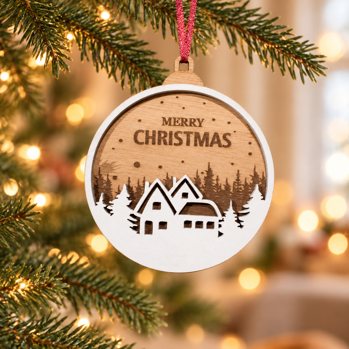 Wooden Christmas Ornaments (Merry Christmas) in a warm Christmas setting