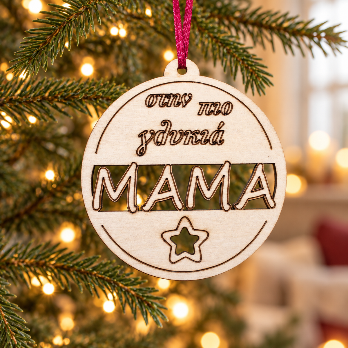 Wooden Christmas Ornaments (Mother) in a warm Christmas setting
