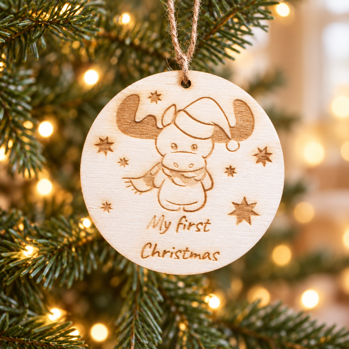 Wooden Christmas Ornaments (My First Christmas) in a warm Christmas setting