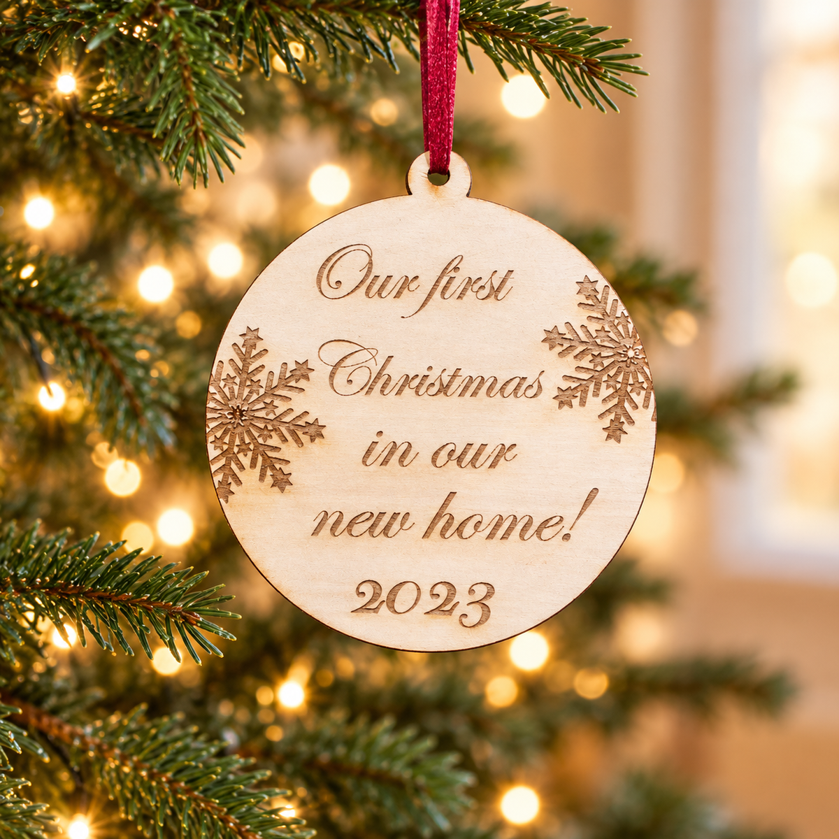 Wooden Christmas Ornaments (New Home) in a warm Christmas setting