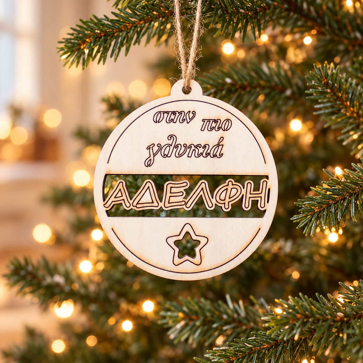 Wooden Christmas Ornaments (Sister) in a warm Christmas setting