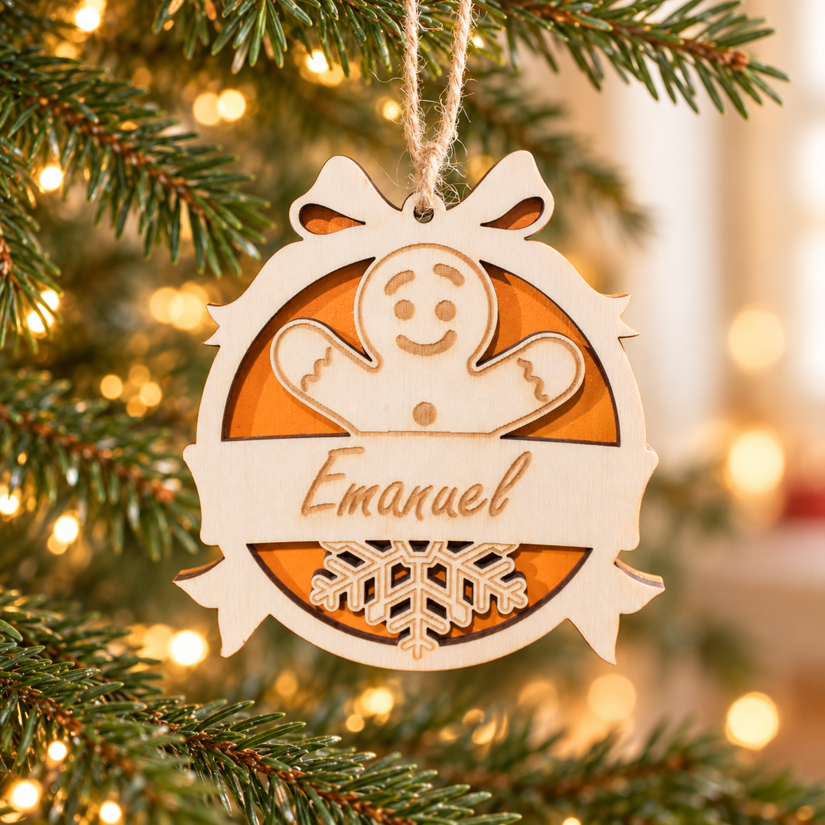 Wooden Christmas Ornaments with Name No.1 in a warm Christmas setting