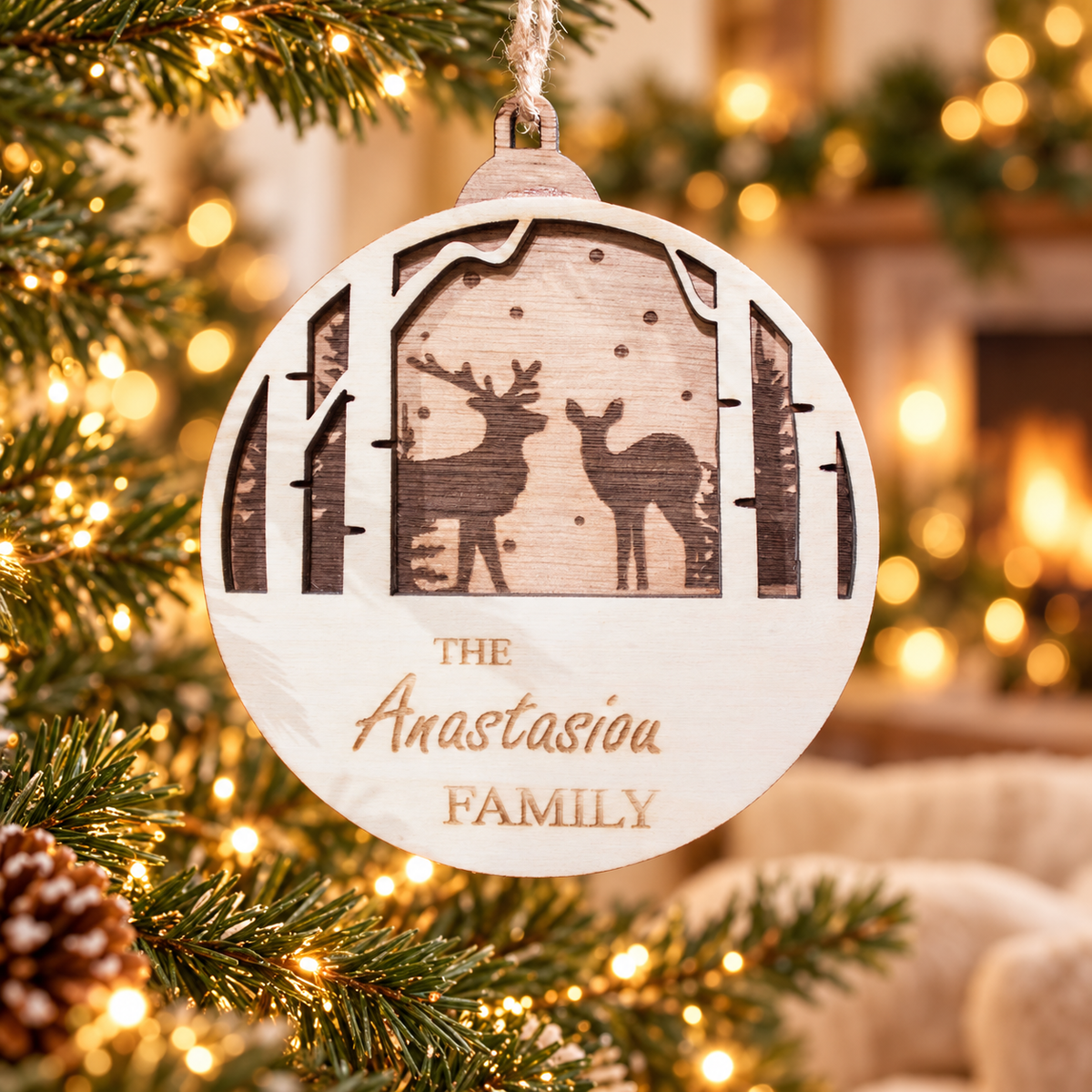 Wooden Christmas Ornaments with Name No.2 in a warm Christmas setting