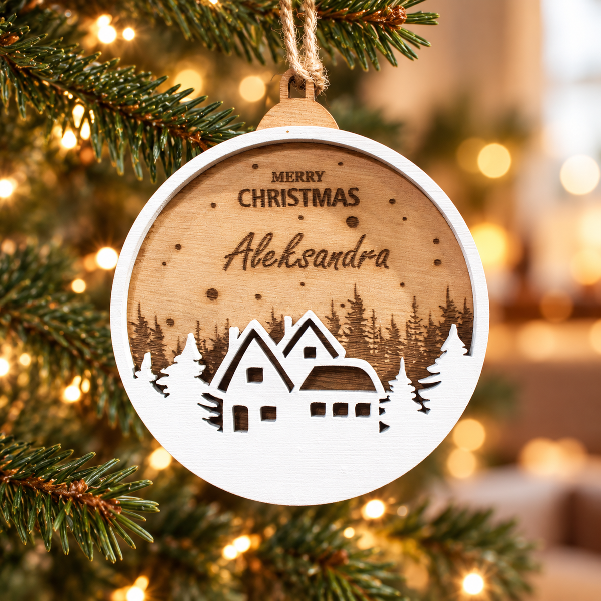 Wooden Christmas Ornaments with Name No.3 in a warm Christmas setting
