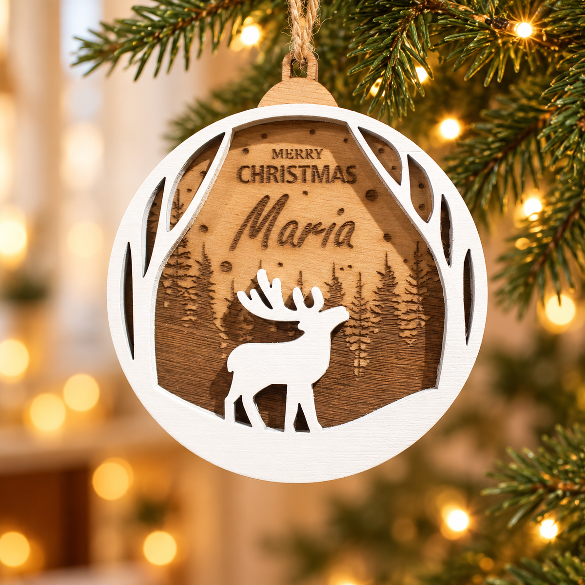 Wooden Christmas Ornaments with Name No.4 in a warm Christmas setting