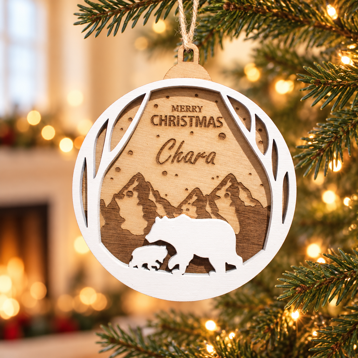 Wooden Christmas Ornaments with Name No.5 in a warm Christmas setting