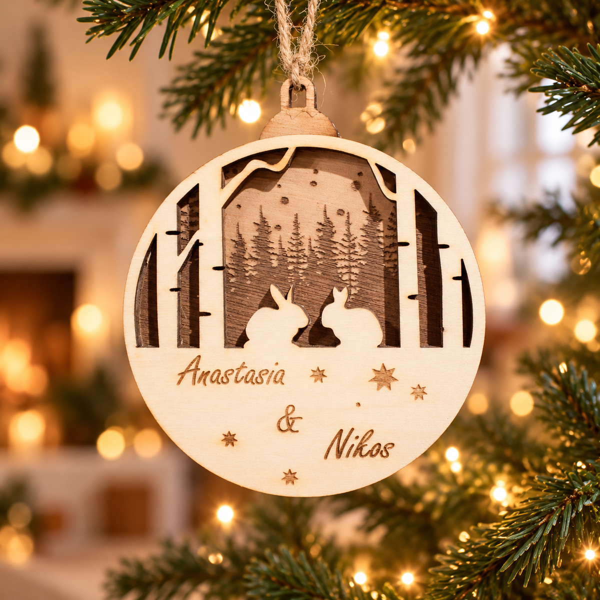 Wooden Christmas Ornaments with Name No.6 in a warm Christmas setting