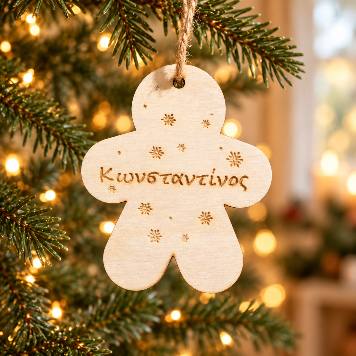 Wooden Christmas Ornaments with Name No.1 in a warm Christmas setting