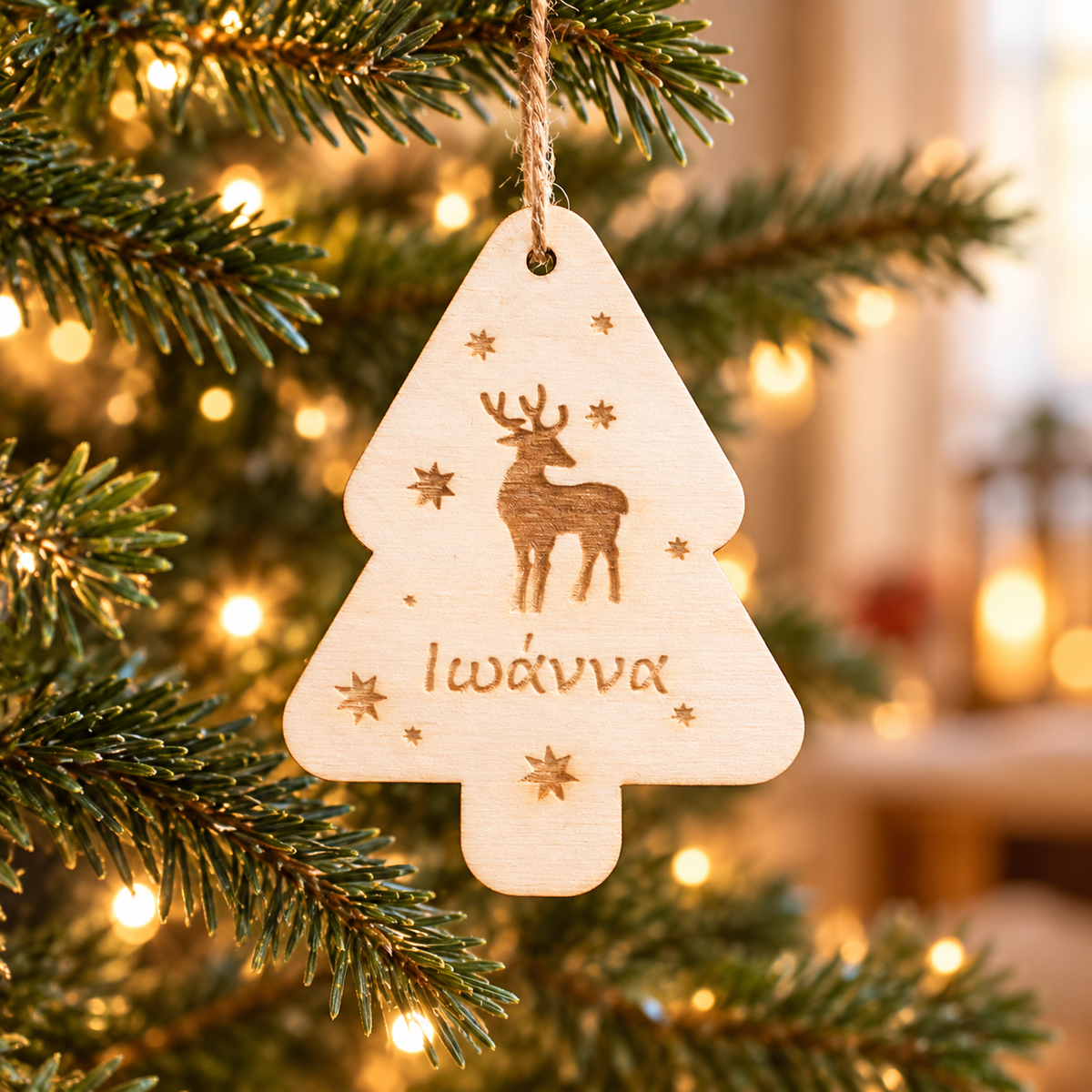 Wooden Christmas Ornaments with Name No.2 in a warm Christmas setting