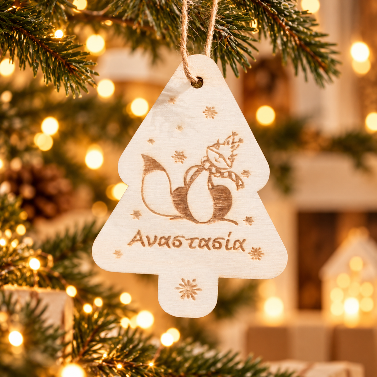 Wooden Christmas Ornaments with Name No.3 in a warm Christmas setting