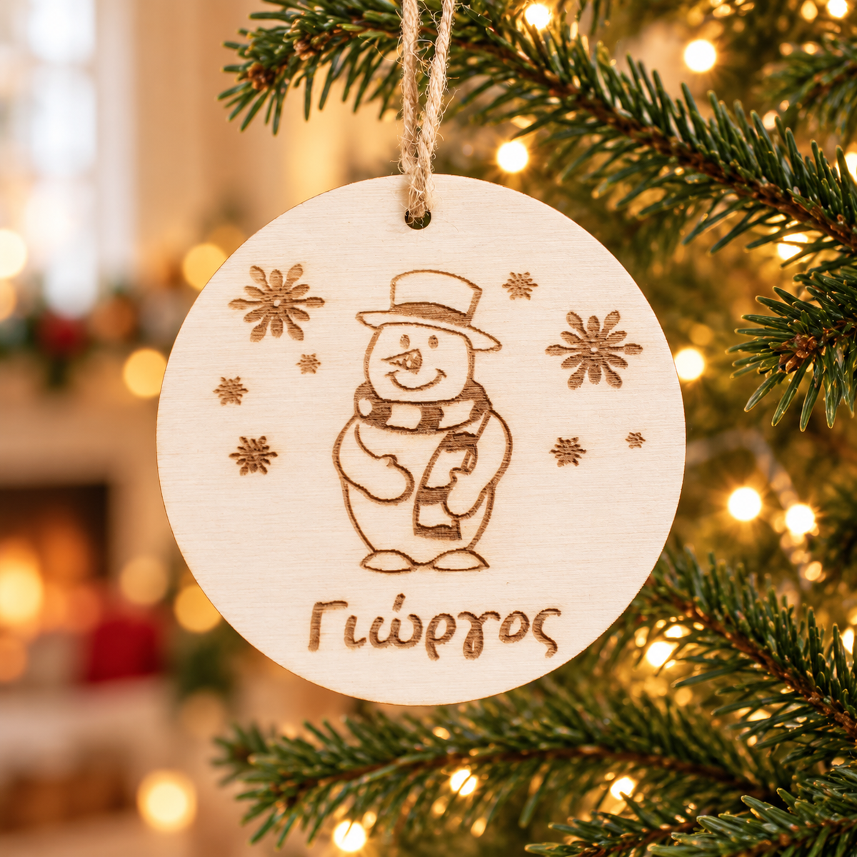 Wooden Christmas Ornaments with Name No.6 in a warm Christmas setting