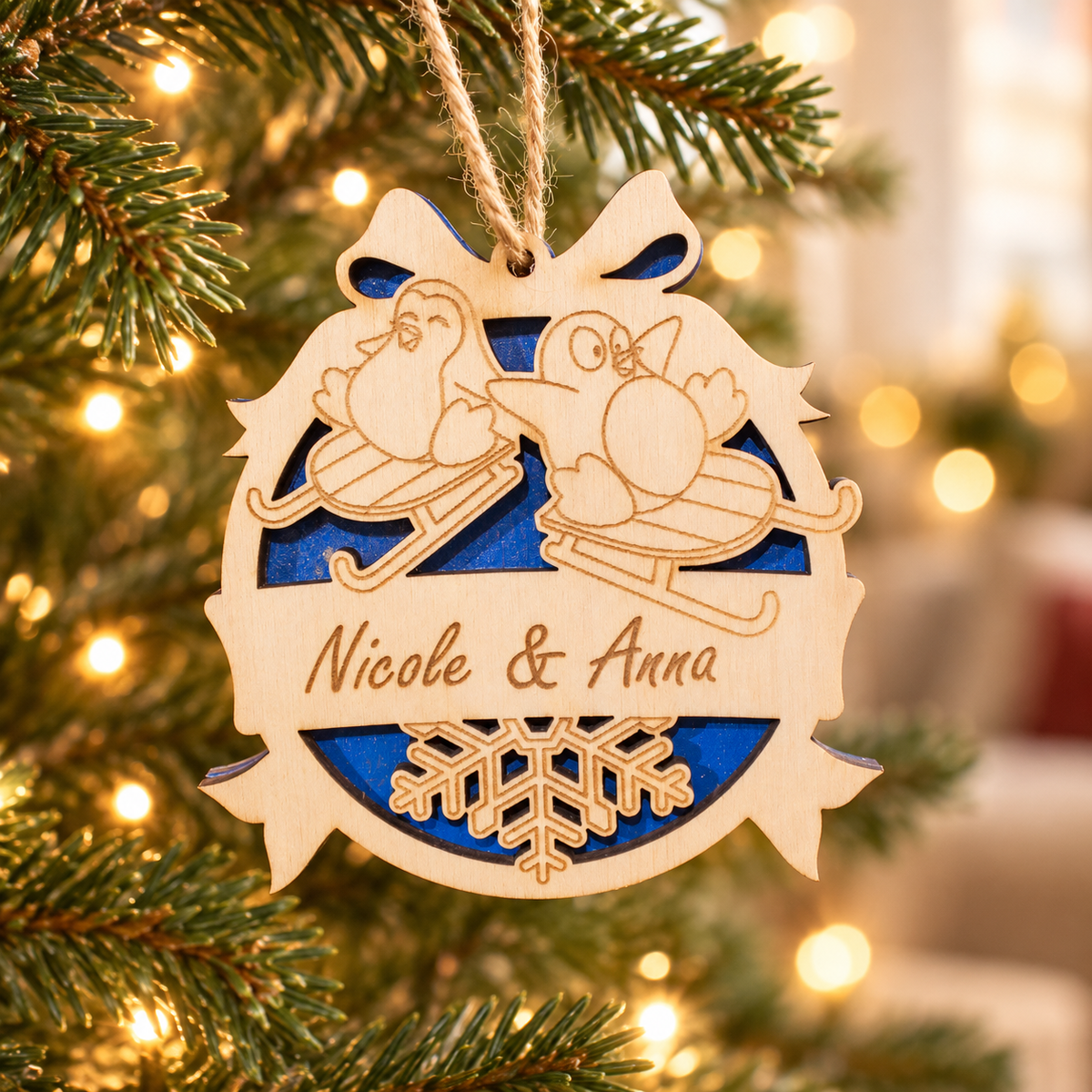 Wooden Christmas Ornaments with Name No.4 in a warm Christmas setting