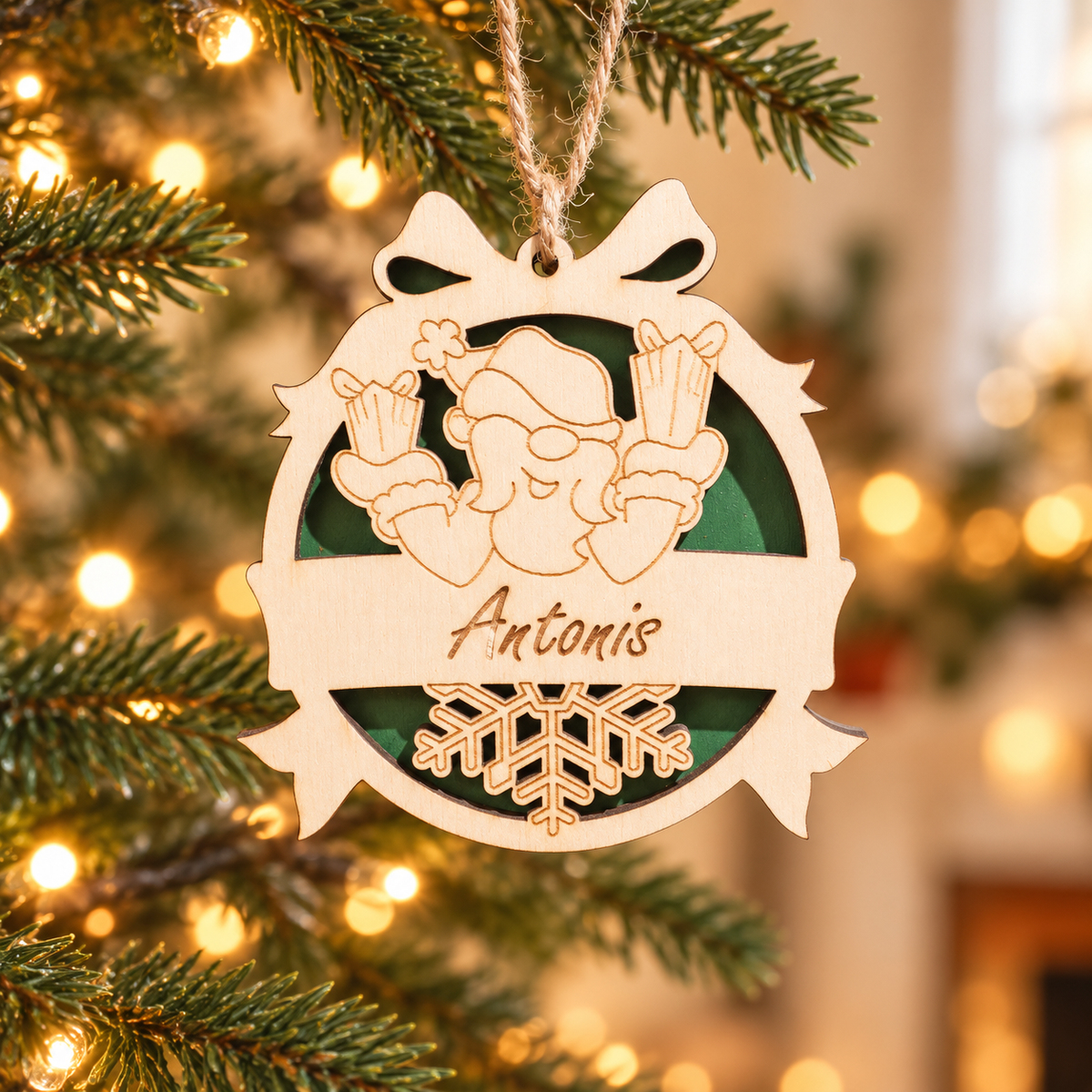 Wooden Christmas Ornaments with Name No.5 in a warm Christmas setting