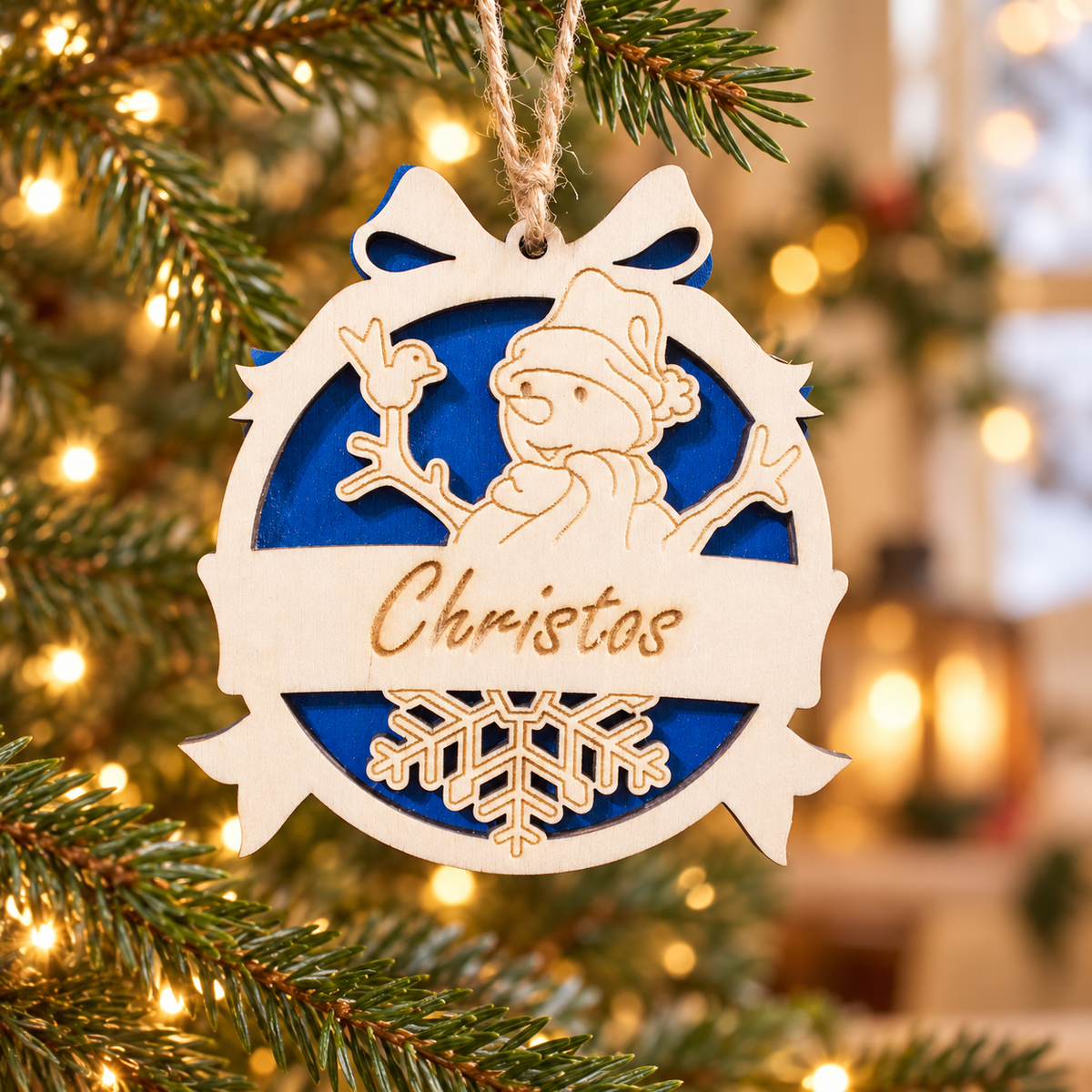 Wooden Christmas Ornaments with Name No.6 in a warm Christmas setting